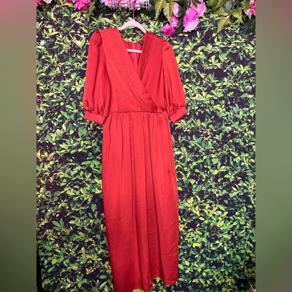 SHEIN Red Wrap Tie Front Sundress with Bishop Sleeves